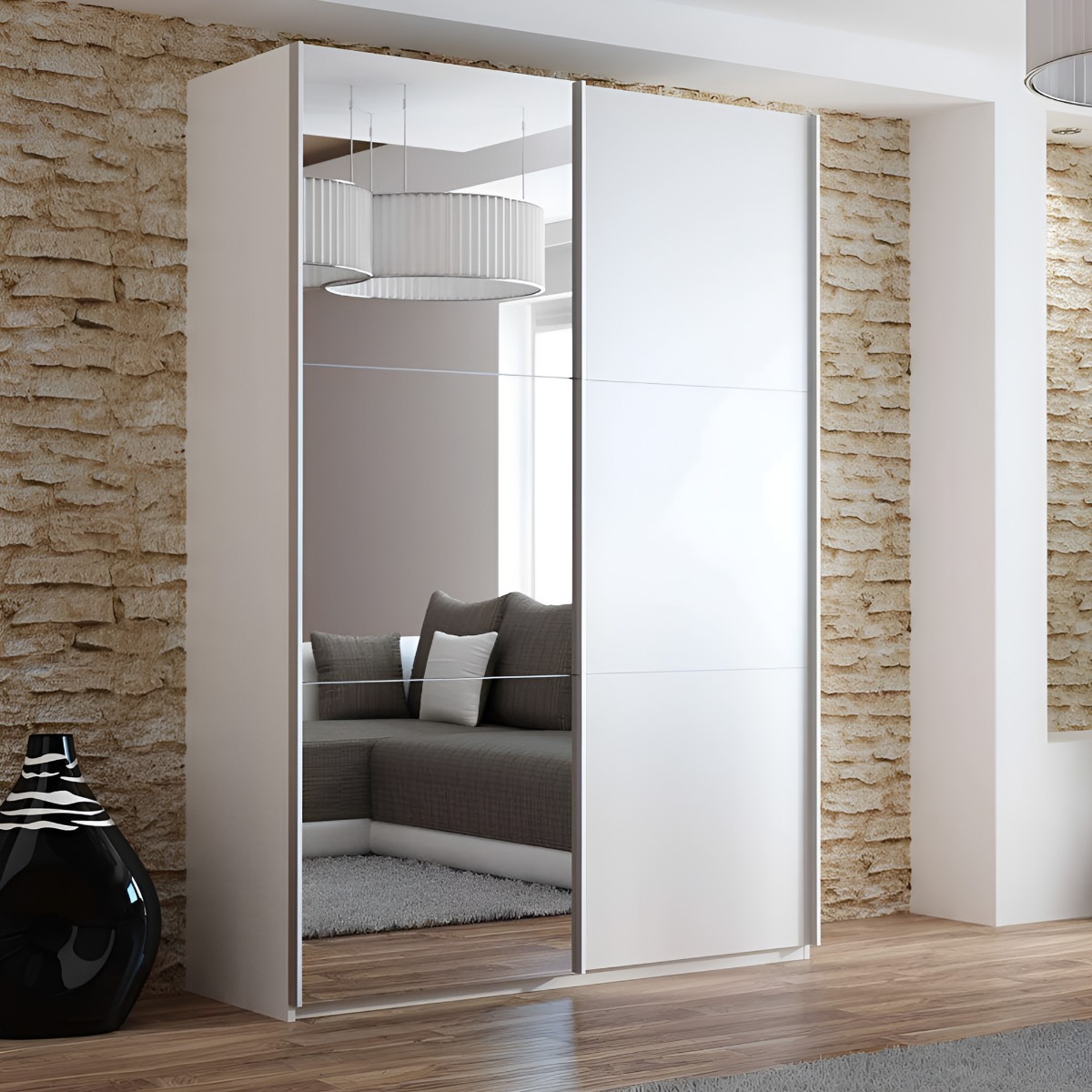 Sliding Wardrobe - BORIS 2 Door Mirrored Wardrobe White 151cm - Avellino & Wells