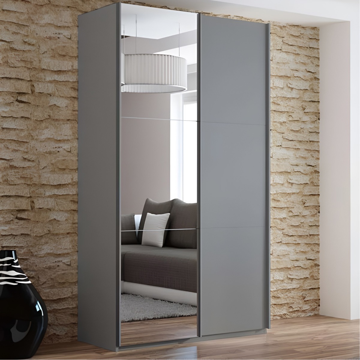Sliding Wardrobe - BORIS 2 Door Mirrored Wardrobe Graphite 122cm - Avellino & Wells