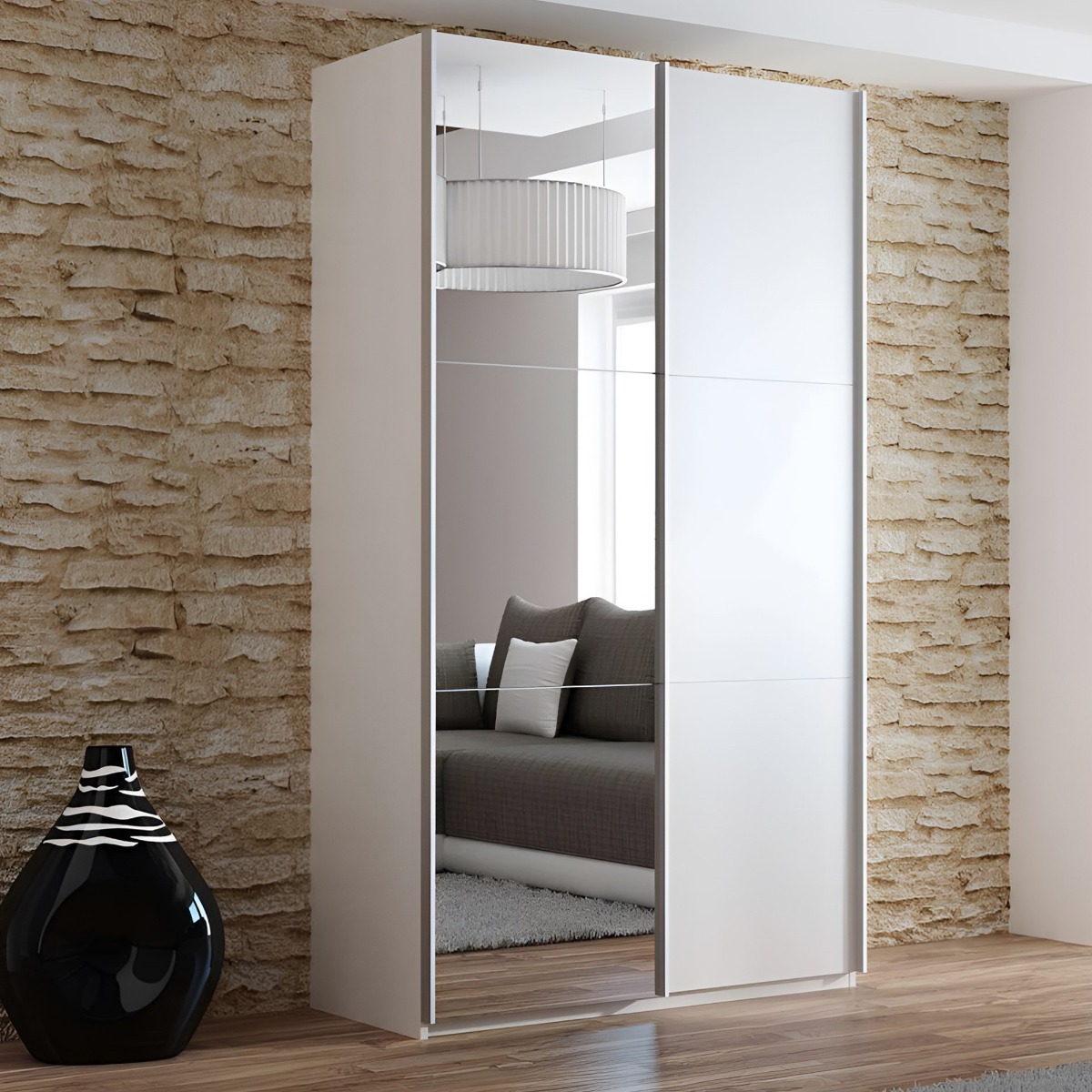 Sliding Wardrobe - BORIS 2 Door Mirrored Wardrobe White 122cm - Avellino & Wells