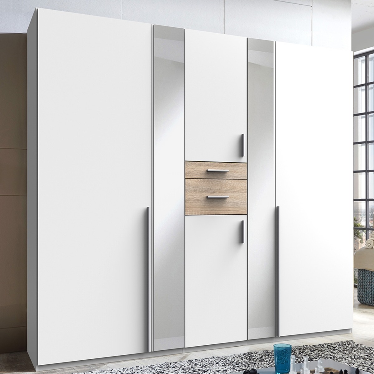 Wardrobe - ODENSE 5 Door Wardrobe White and Oak 225cm - Wimex Distribution