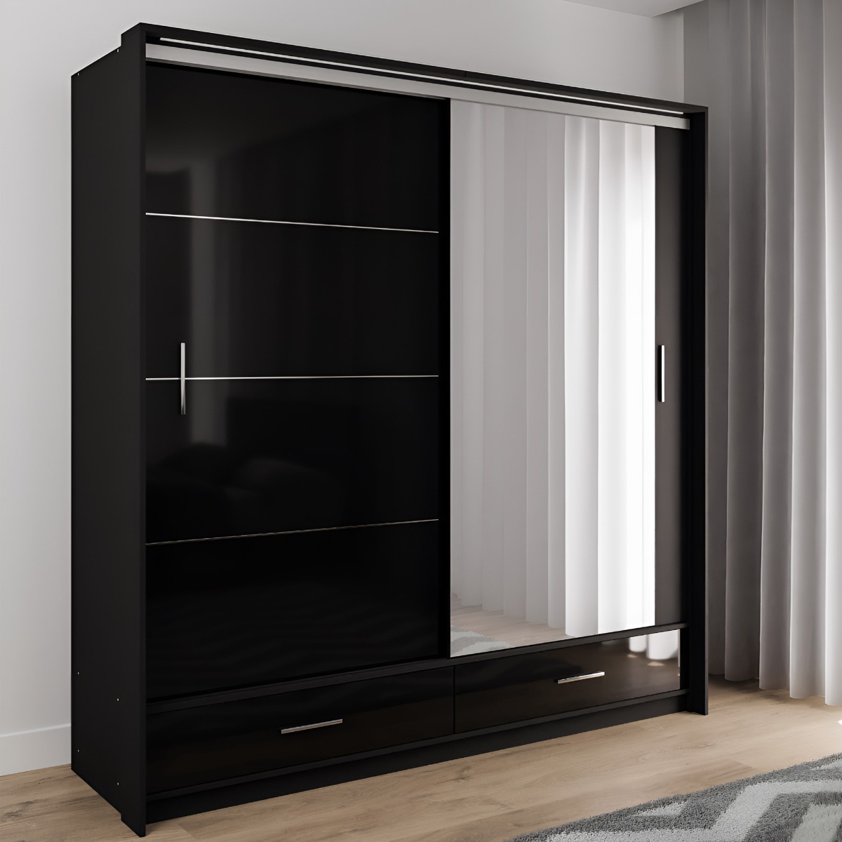 Sliding Wardrobe - WARRINGTON 2 Door Mirrored Wardrobe Black 208cm - Avellino & Wells