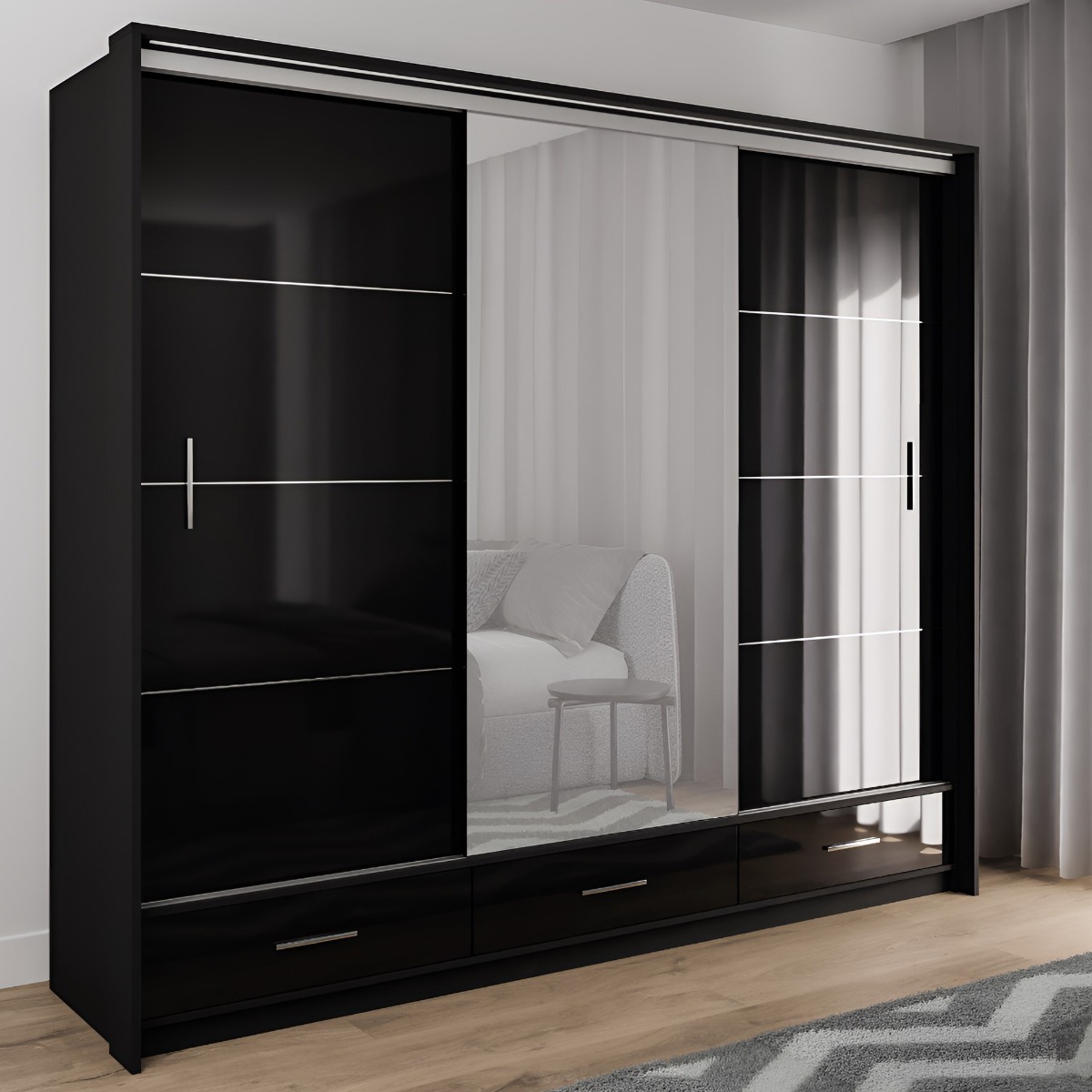 Sliding Wardrobe - WARRINGTON 3 Door Mirrored Wardrobe Black 255cm - Avellino & Wells