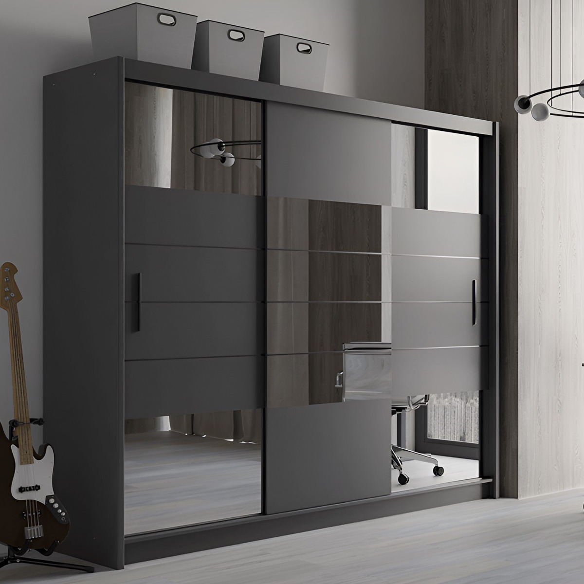 KINROSS 3 Door Mirrored Sliding Wardrobe with 2 Drawers Graphite - 250cm - Avellino & Wells