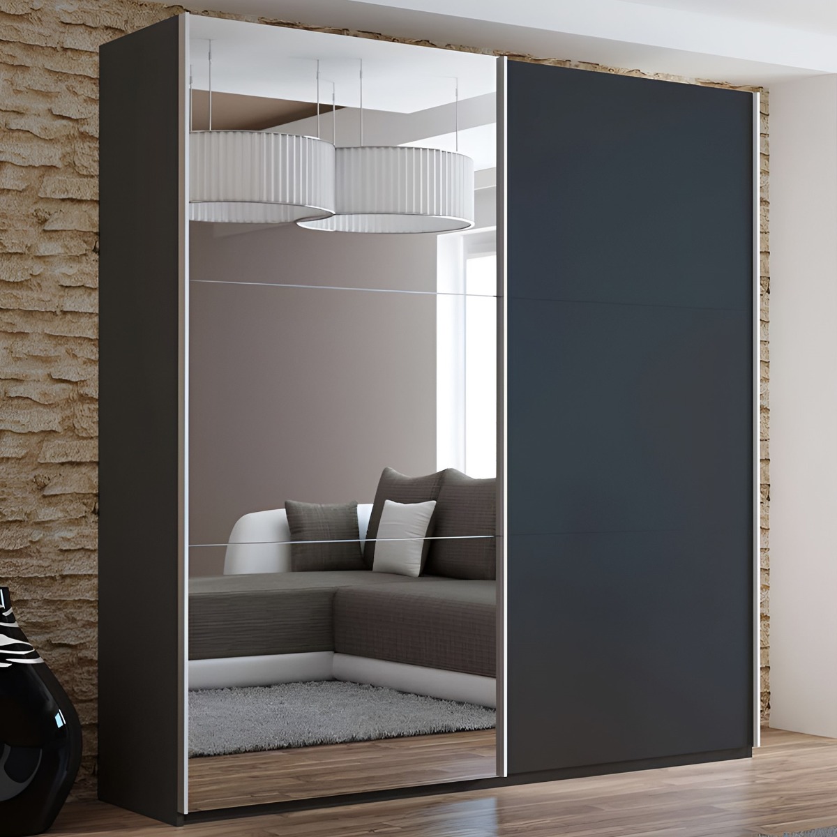 Sliding Wardrobe - BORIS 2 Door Mirrored Wardrobe Black 200cm - Avellino & Wells