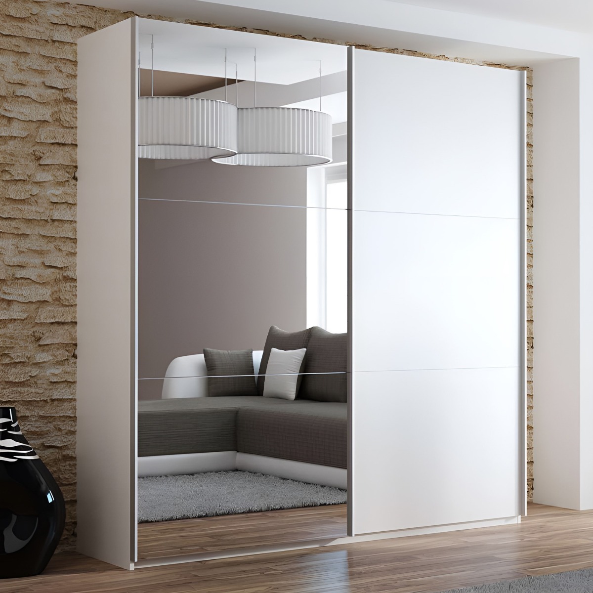 Sliding Wardrobe - BORIS 2 Door Mirrored Wardrobe White 200cm - Avellino & Wells