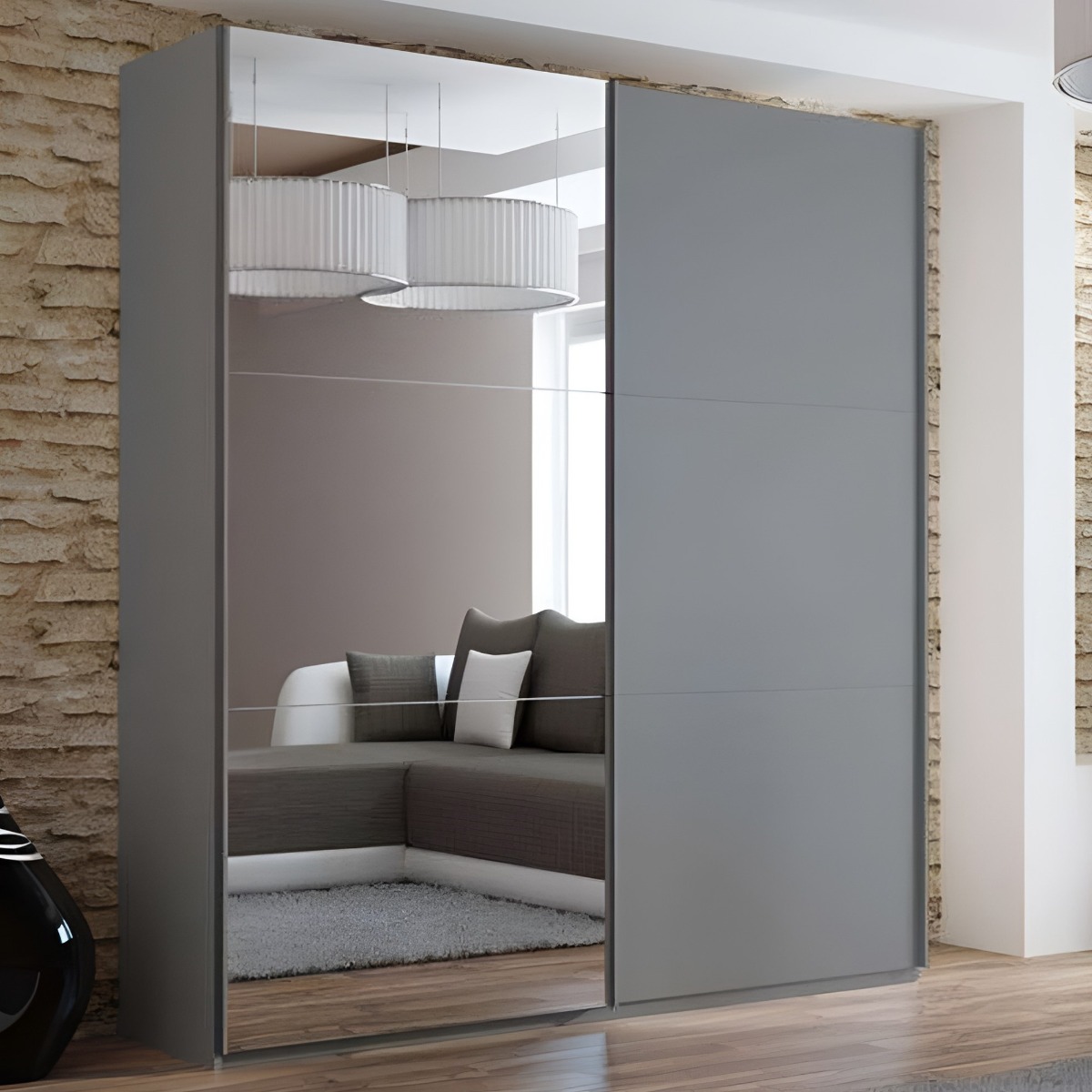 Sliding Wardrobe - BORIS 2 Door Mirrored Wardrobe Graphite 200cm - Avellino & Wells