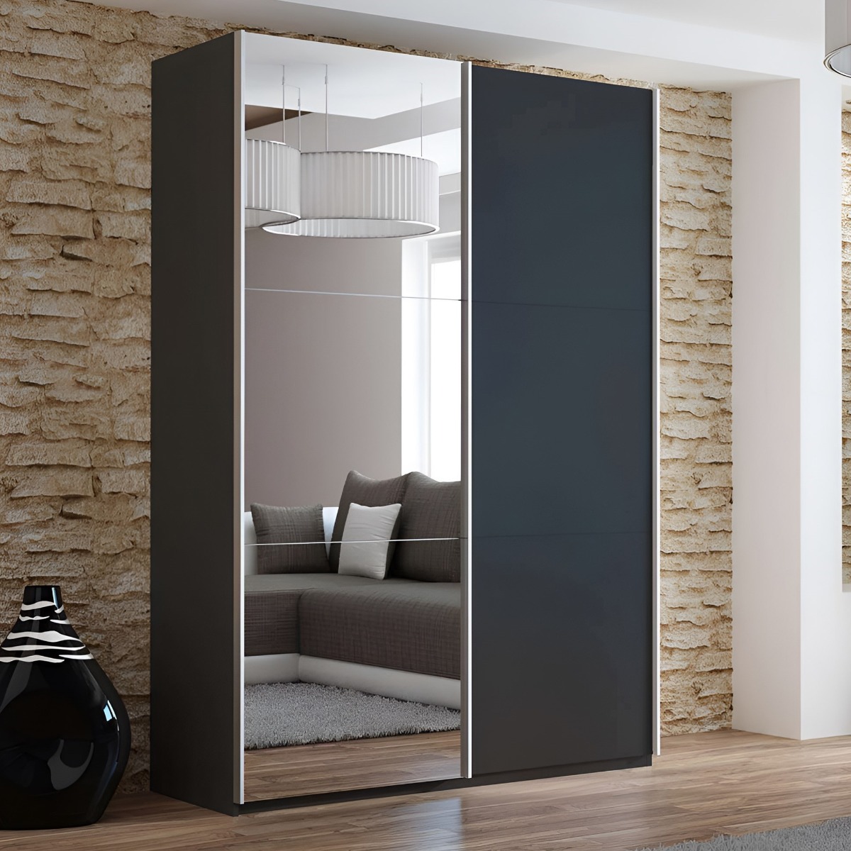 Sliding Wardrobe - BORIS 2 Door Mirrored Wardrobe Black 151cm - Avellino & Wells