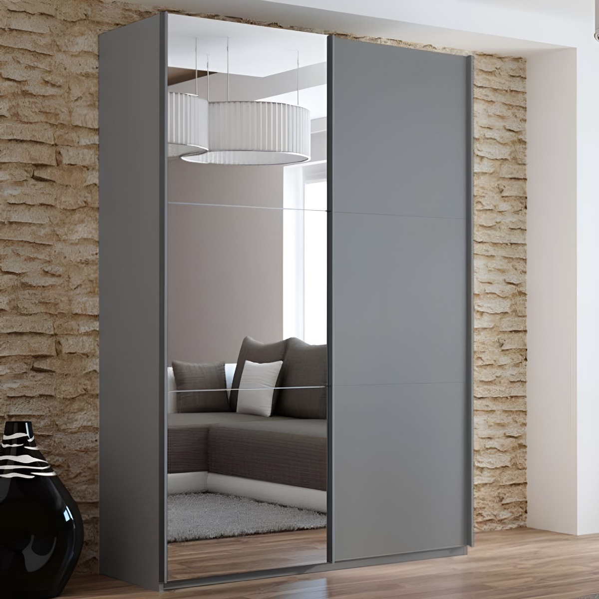 Sliding Wardrobe - BORIS 2 Door Mirrored Wardrobe Graphite 151cm - Avellino & Wells