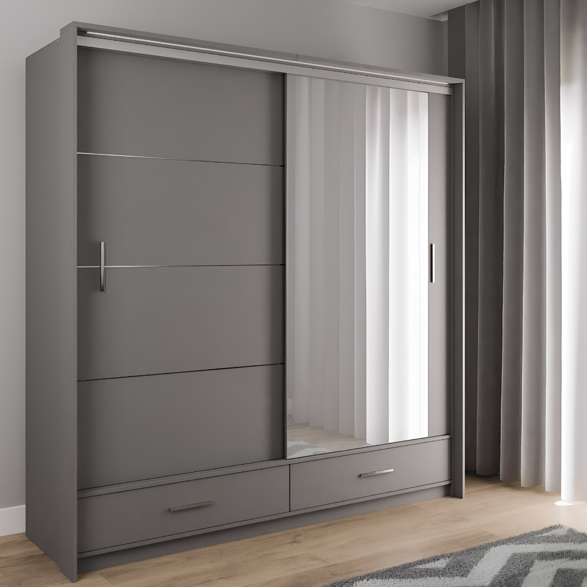 Sliding Wardrobe - WARRINGTON 2 Door Mirrored Wardrobe Graphite 208cm - Avellino & Wells