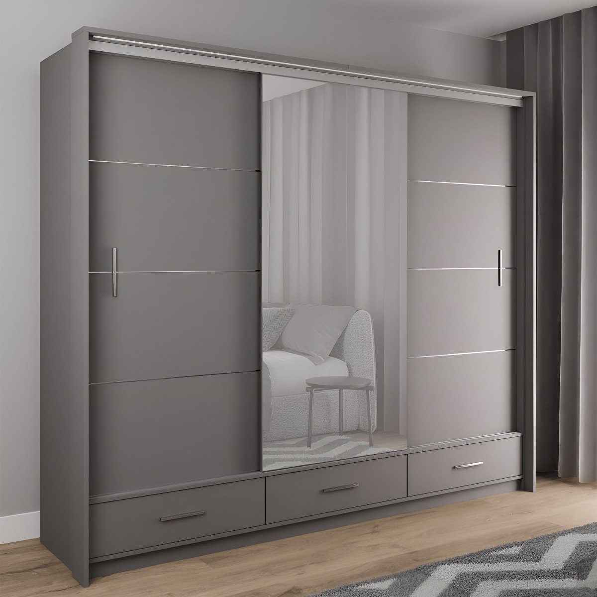 Sliding Wardrobe - WARRINGTON 3 Door Mirrored Wardrobe Graphite 255cm - Avellino & Wells