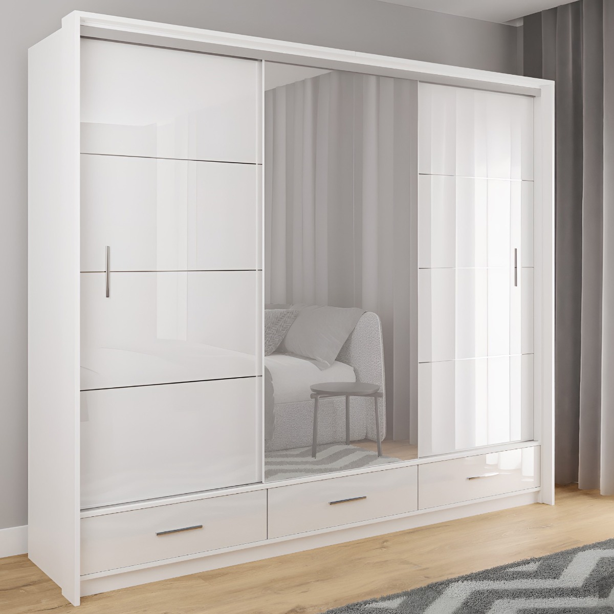 Sliding Wardrobe - WARRINGTON 3 Door Mirrored Wardrobe White 255cm - Avellino & Wells