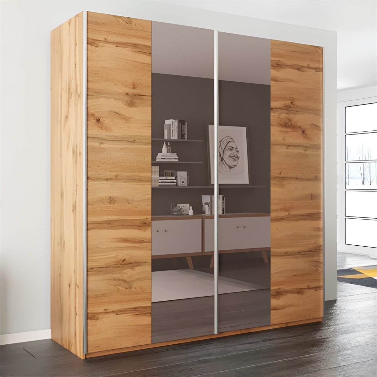 LOTHIAN 2 Door Mirrored Sliding Wardrobe Oak - 200cm - Avellino & Wells