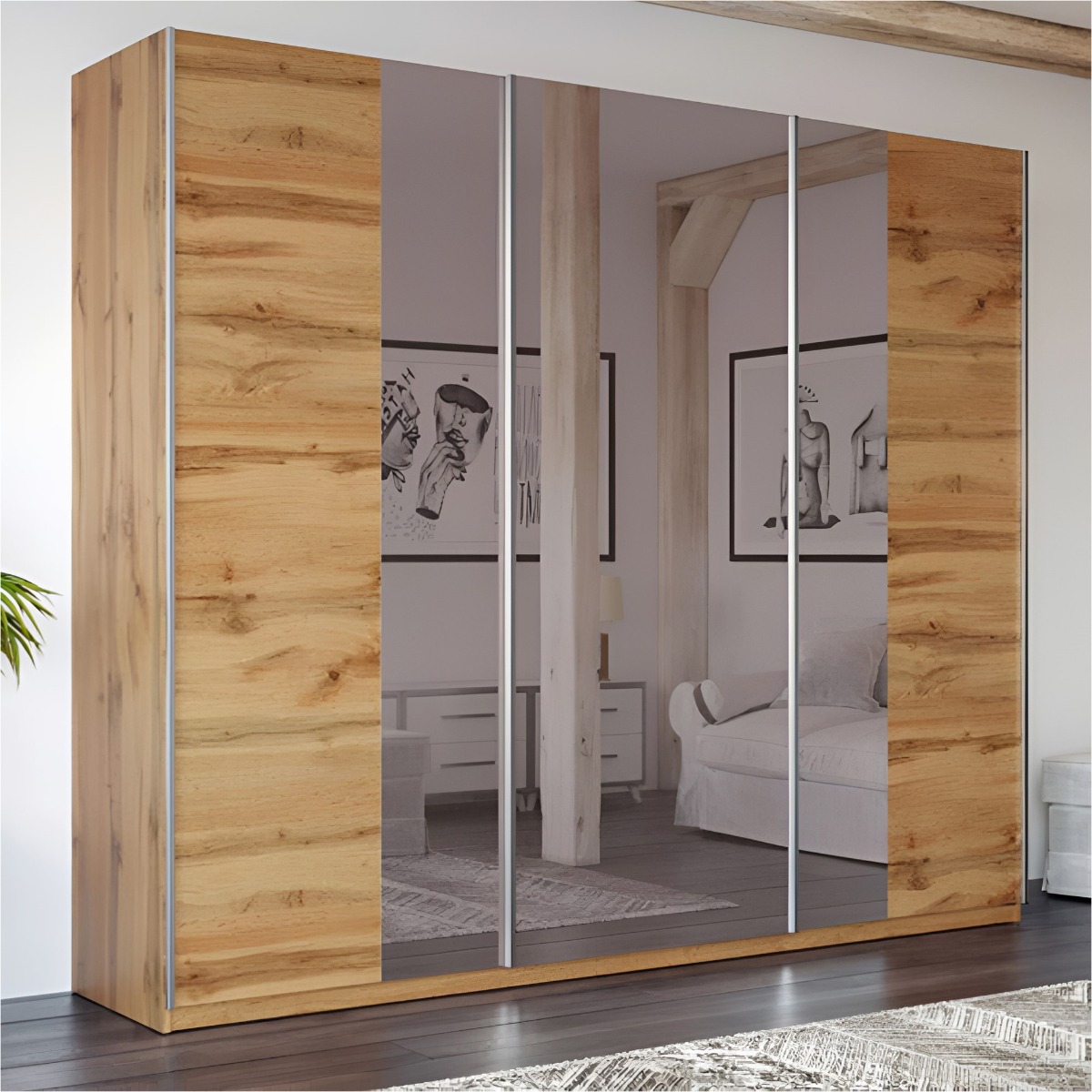 Sliding Wardrobe - LOTHIAN 3 Door Mirrored Wardrobe Oak Wotan 250cm - Avellino & Wells