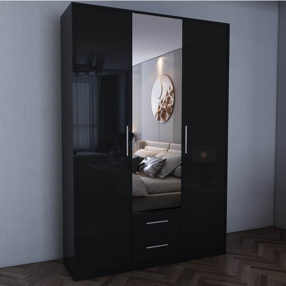 Wardrobe - WINSTEAD 3 Door Mirrored Wardrobe Black 120cm - Wimex Distribution