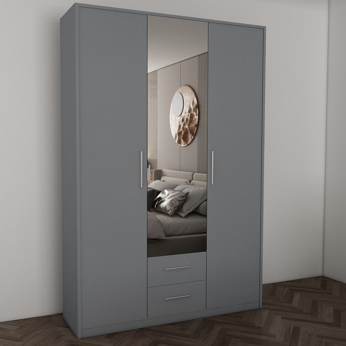 Wardrobe - WINSTEAD 3 Door Mirrored Wardrobe Grey 135cm - Wimex Distribution
