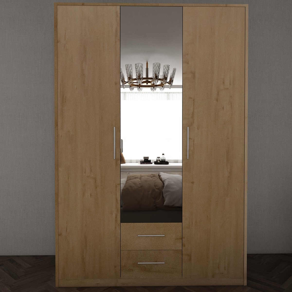 WINSTEAD 3 Door Mirrored Wardrobe with 2 Drawers Oak - 120cm - Wimex Distribution