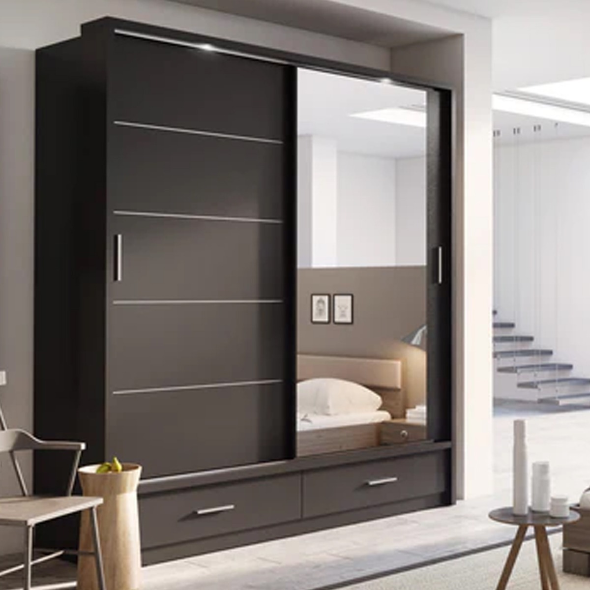 Sliding Wardrobe - ARTU 2 Door Mirrored Wardrobe Black 200cm - Interior Savant