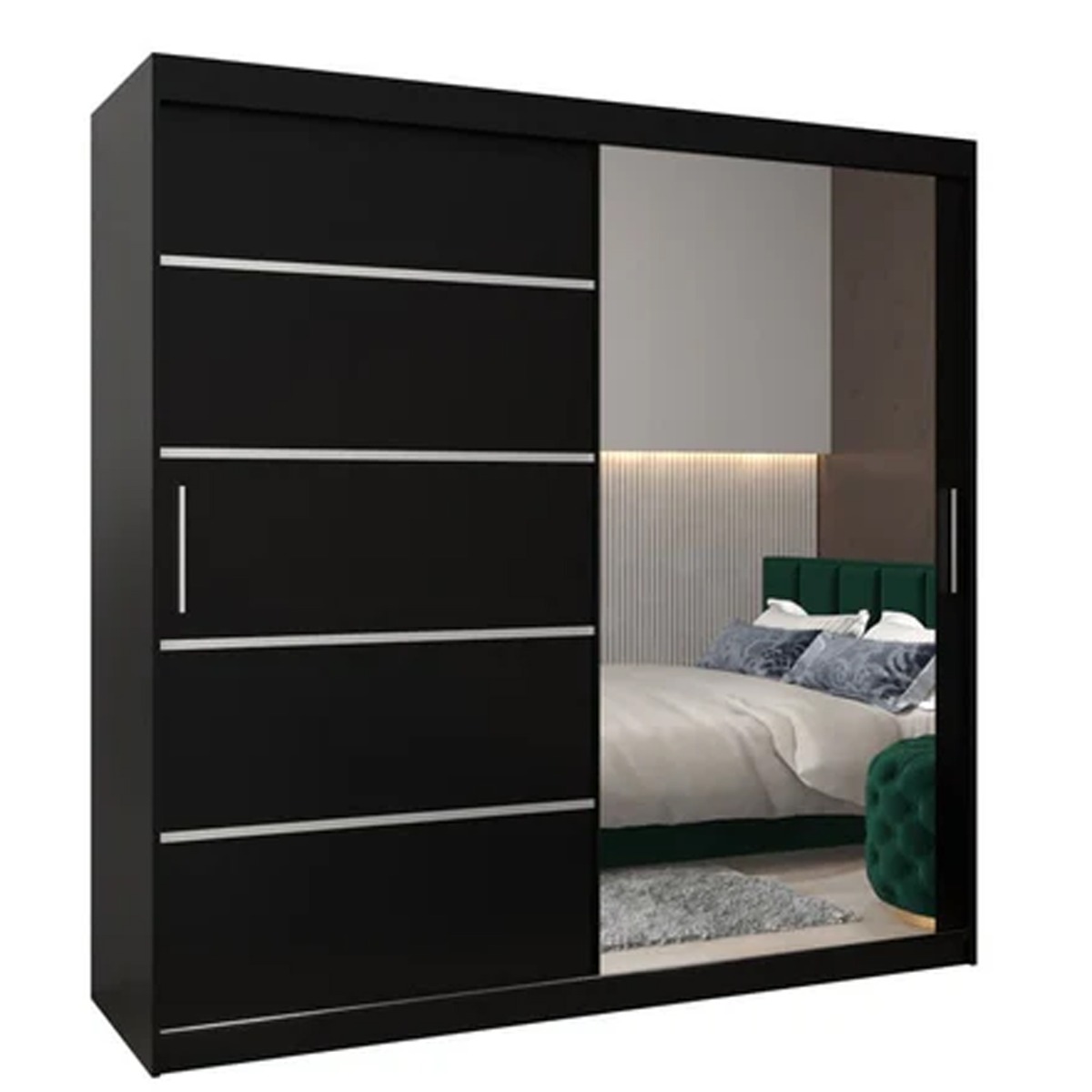 Sliding Wardrobe - VICENZA II 2 Door Mirrored Wardrobe Black 200cm - Art Nest