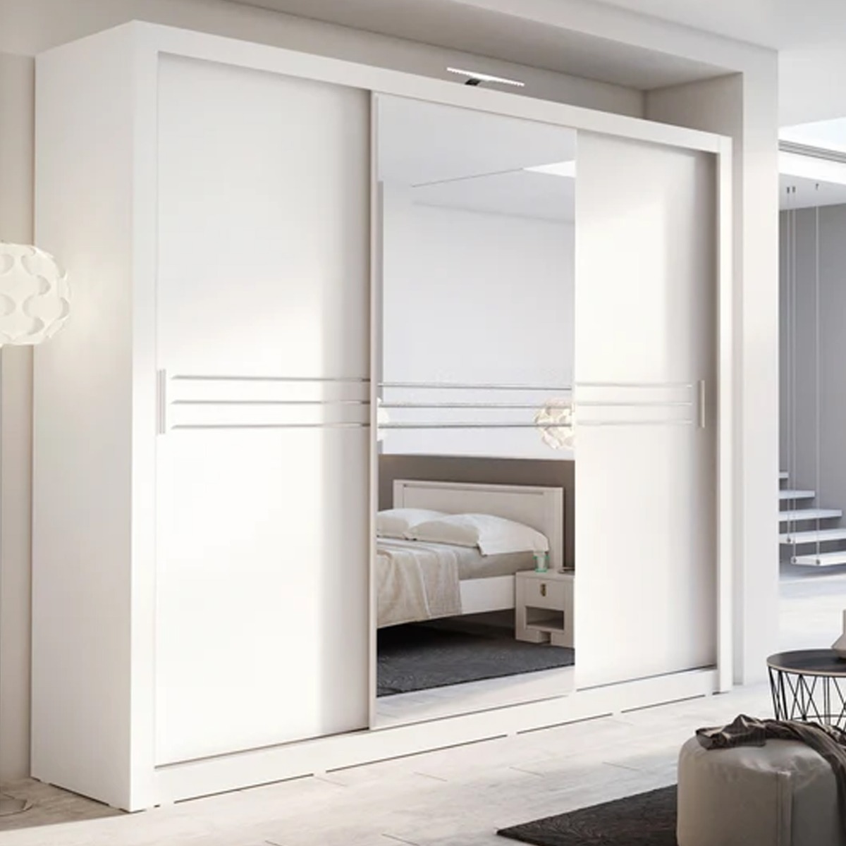 Sliding Wardrobe - HIMA 3 Door Mirrored Wardrobe White 250cm - Interior Savant
