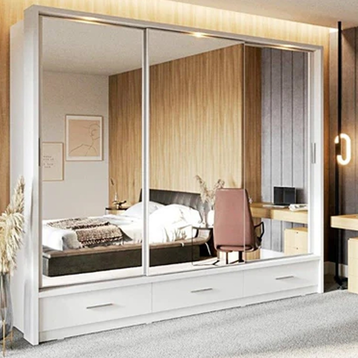 Sliding Wardrobe - ARTU 3 Door Mirrored Wardrobe White 250cm - Interior Savant