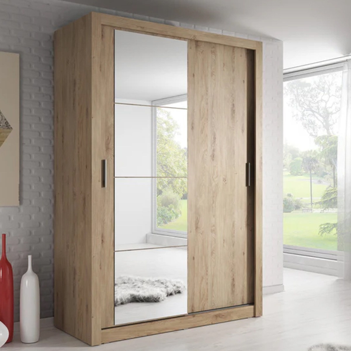 Sliding Wardrobe - ARTU 2 Door Mirrored Wardrobe Oak Shetland 120cm - Interior Savant