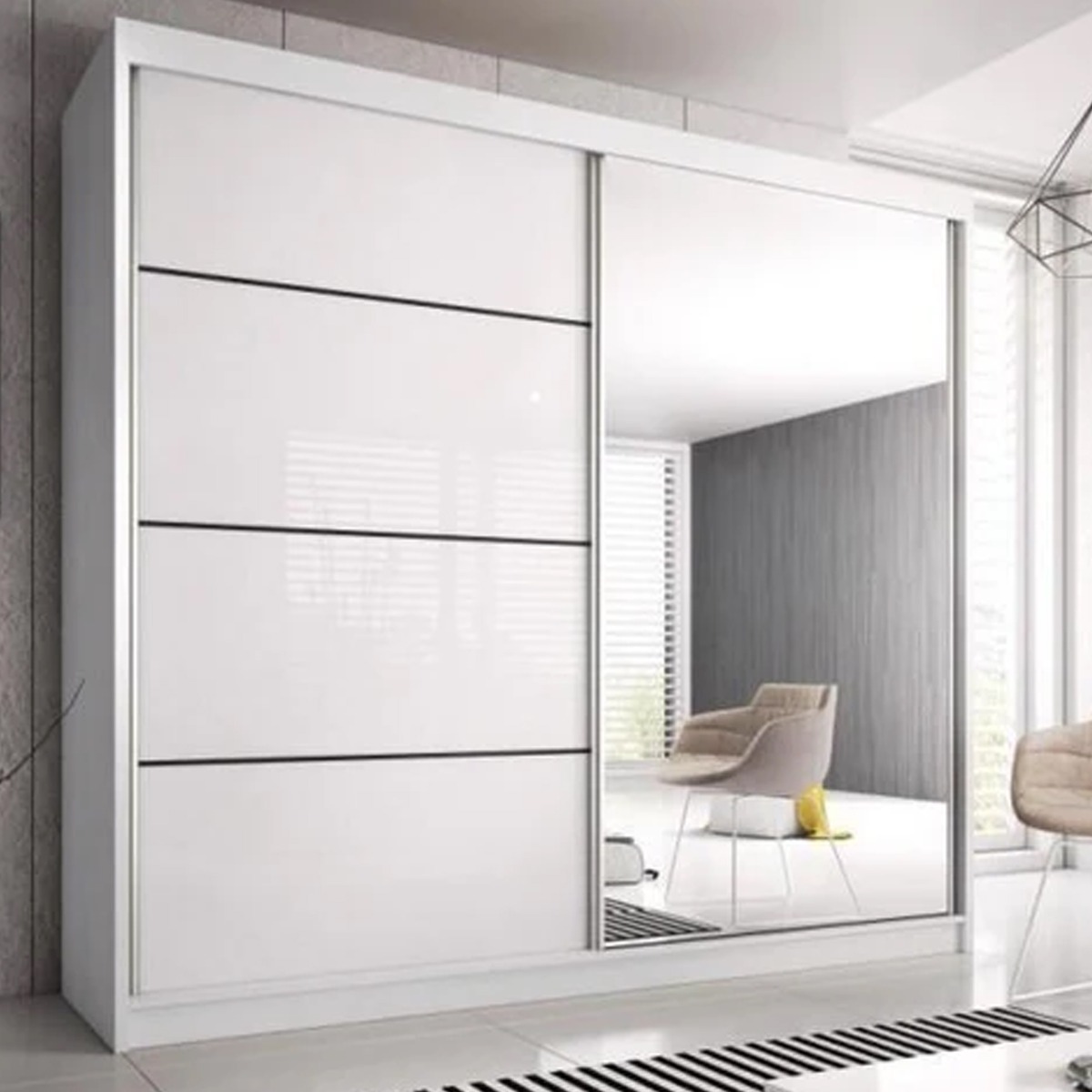 Sliding Wardrobe - MONIS 2 Door Mirrored Wardrobe White 183cm - Interior Savant