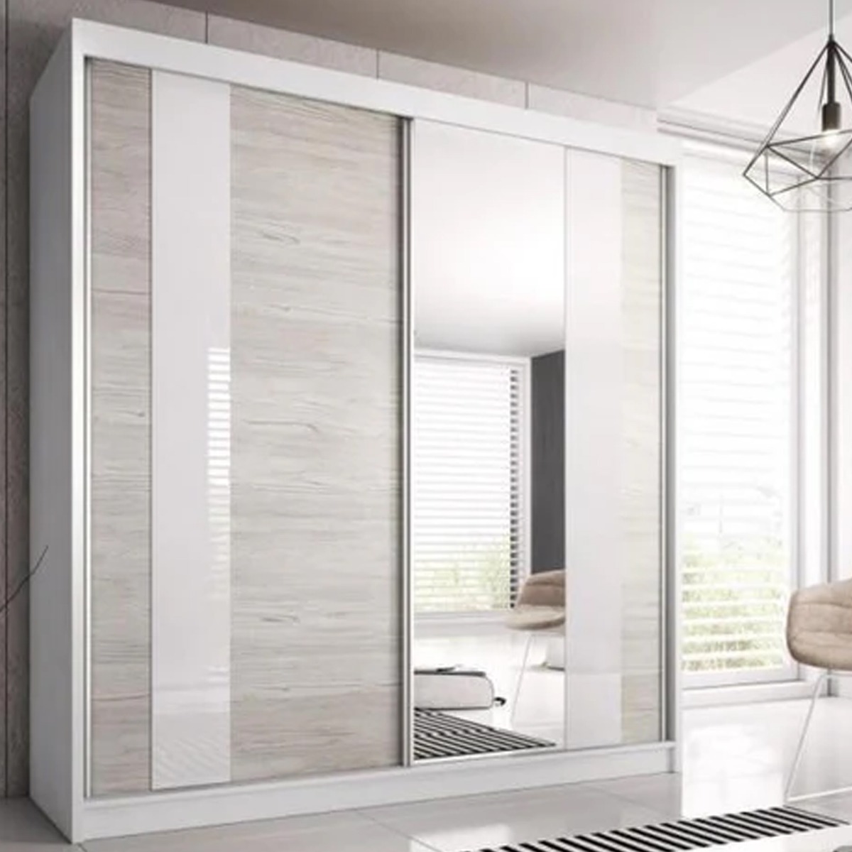 Sliding Wardrobe - MONIS 2 Door Mirrored Wardrobe White Matt 203 - Interior Savant