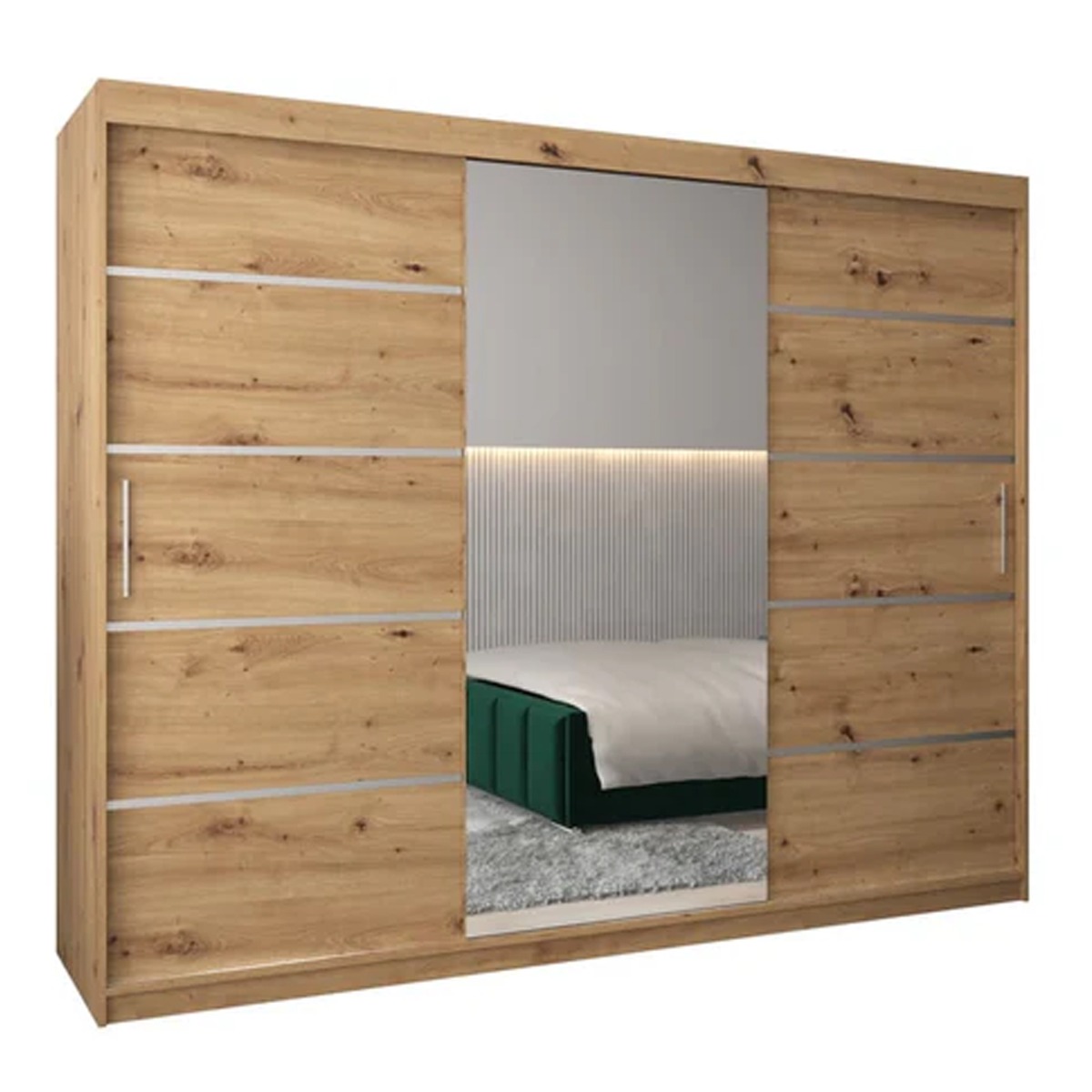 Sliding Wardrobe - VICENZA II 3 Door Mirrored Wardrobe Oak Artisan 250cm - Art Nest