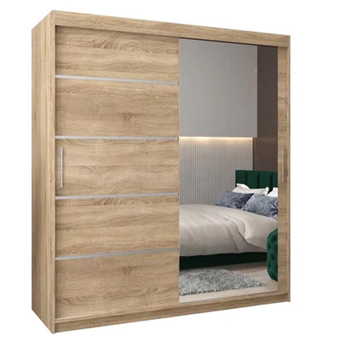 Sliding Wardrobe - VICENZA II 2 Door Mirrored Wardrobe Oak Sonoma 180cm - Art Nest