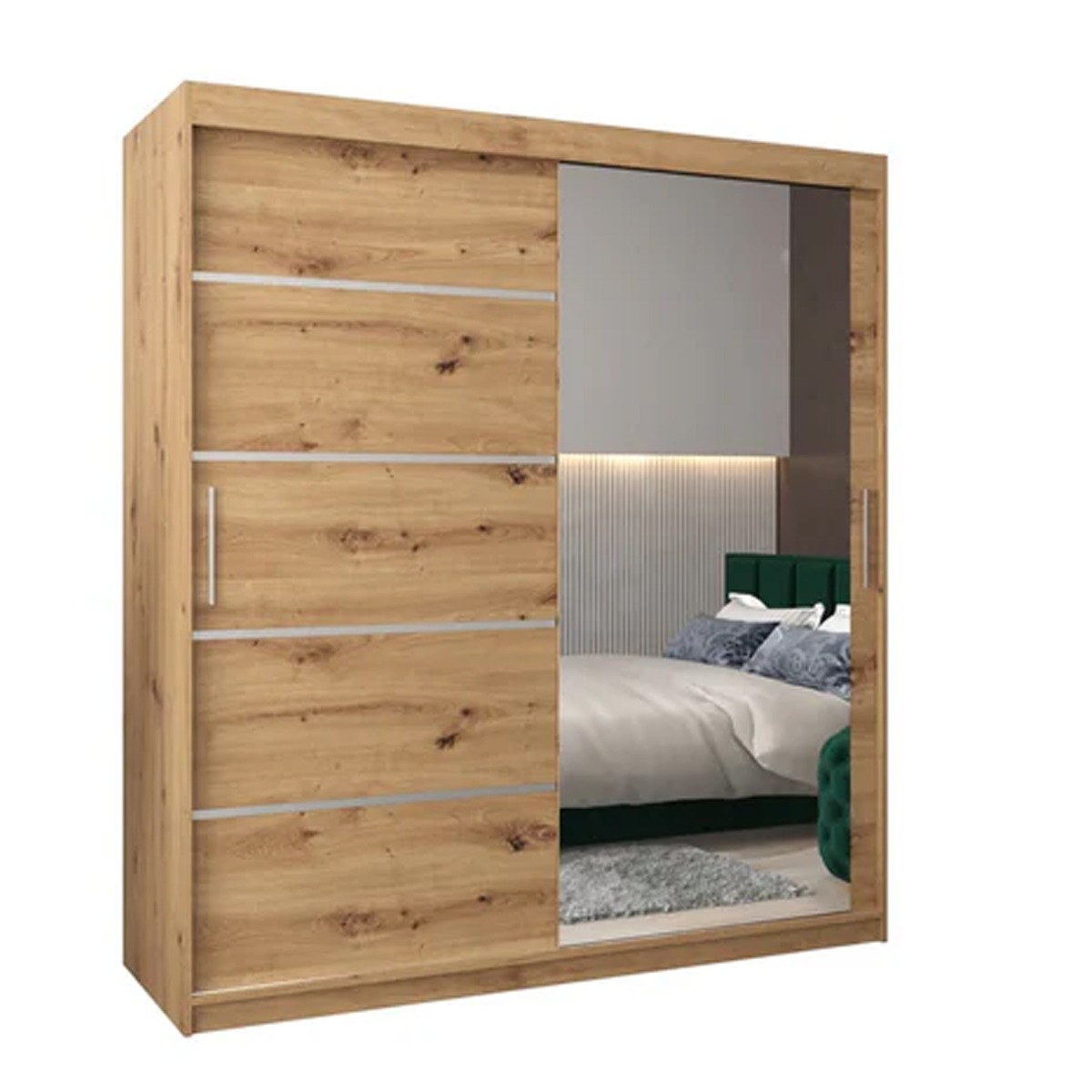 Sliding Wardrobe - VICENZA II 2 Door Mirrored Wardrobe Oak Artisan 180cm - Art Nest