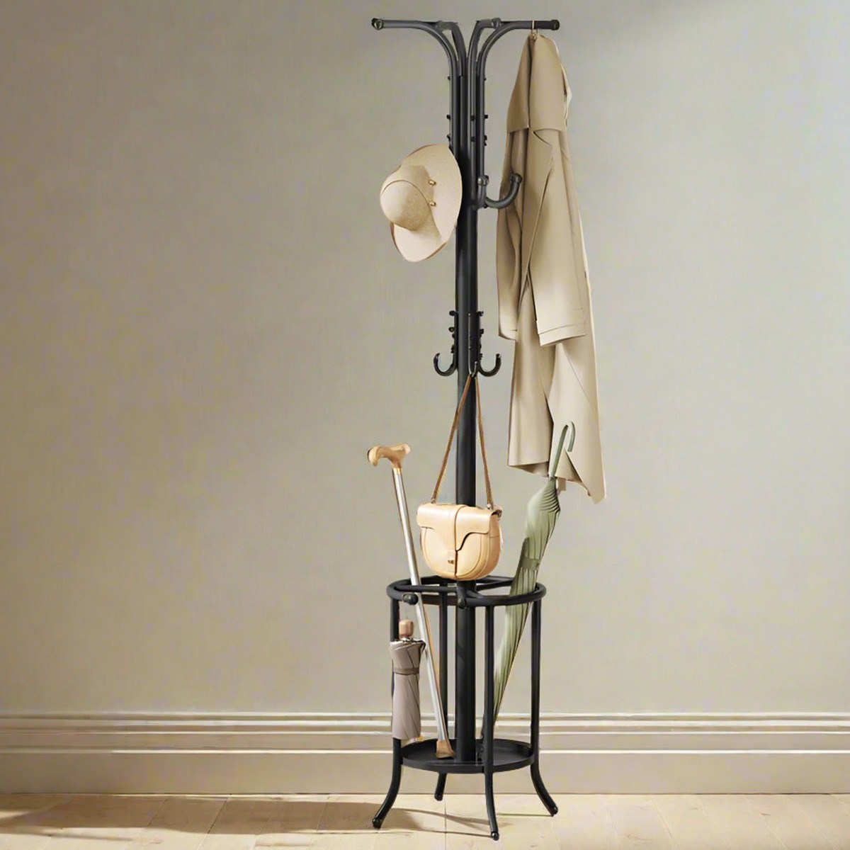 YAVONTE Coat Stand Freestanding Stand with Umbrella Holder - Black - The Urban Forge