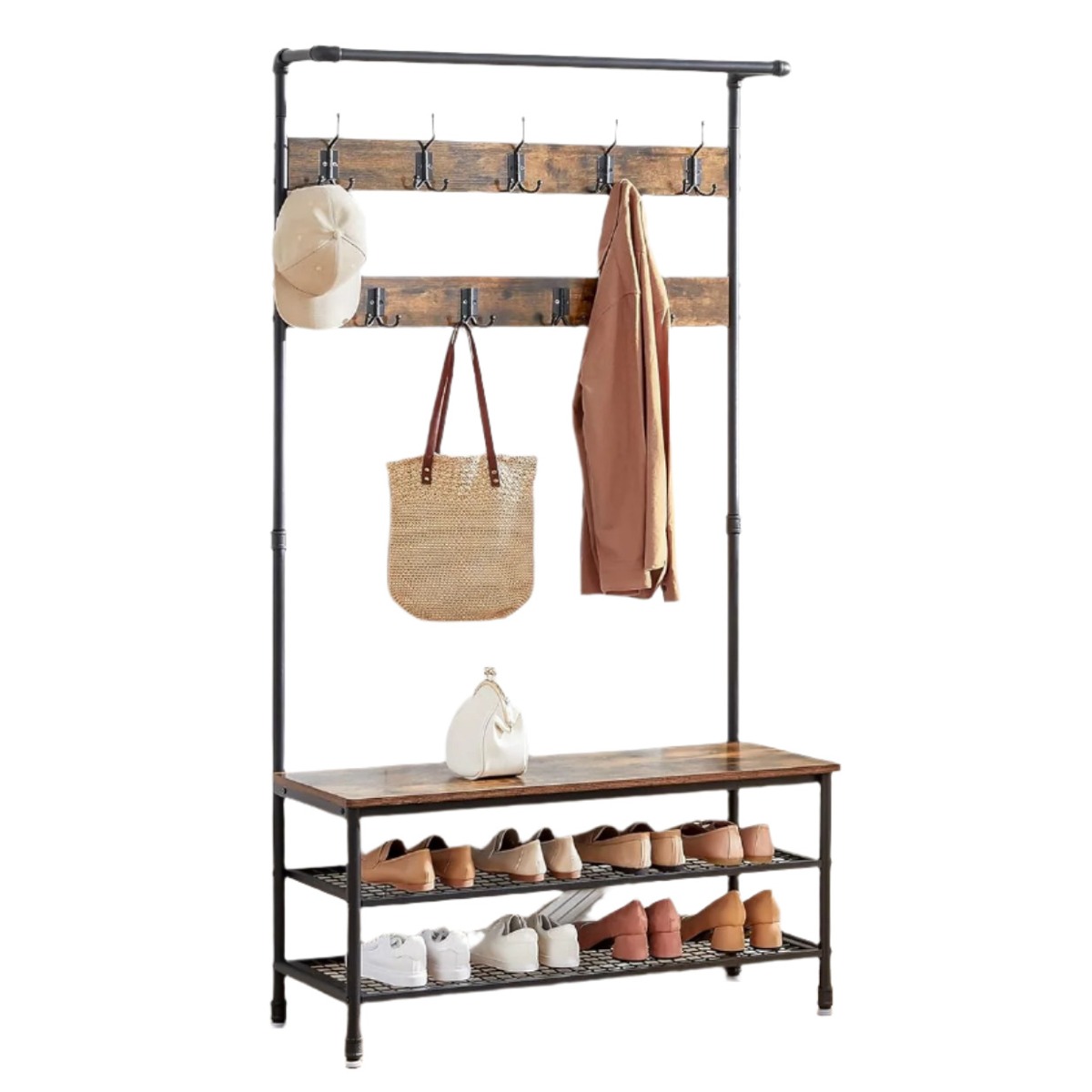 YAVONTE Hall Tree Large Coat Rack with Bench and Shoe Storage - Rustic Brown - The Urban Forge