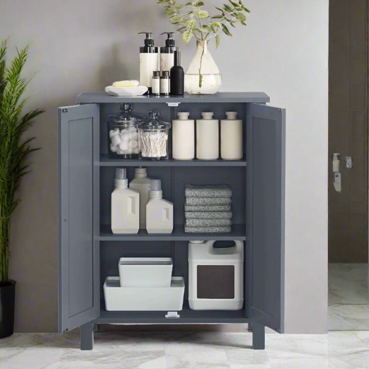 ZEPHRON Bathroom Cabinet Freestanding Cupboard with 2 Adjustable Shelves - Grey - The Urban Forge