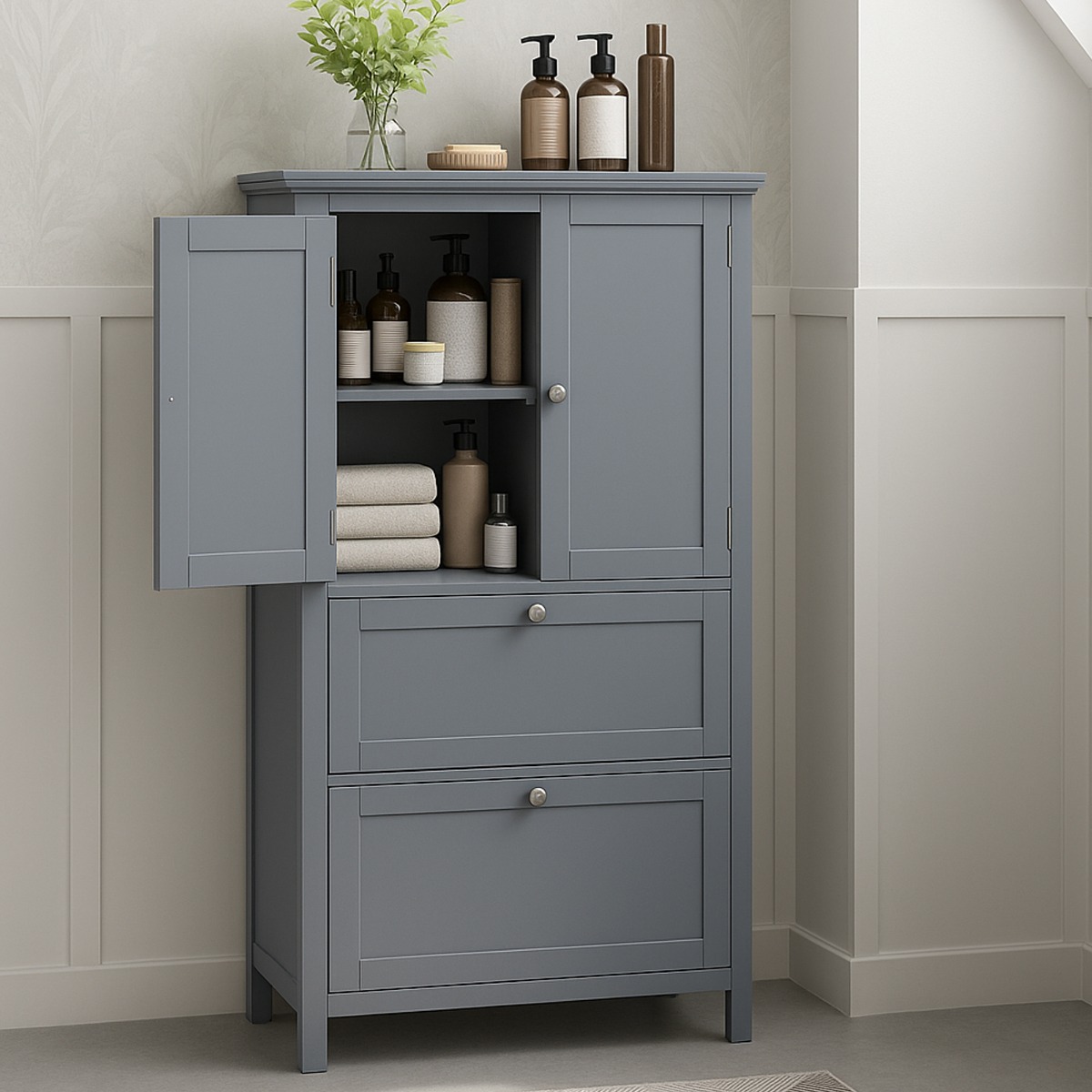 ZEPHRON Bathroom Cabinet Tall Storage Cupboard with 2 Doors, 2 Drawers and Adjustable Shelf - Grey - The Urban Forge