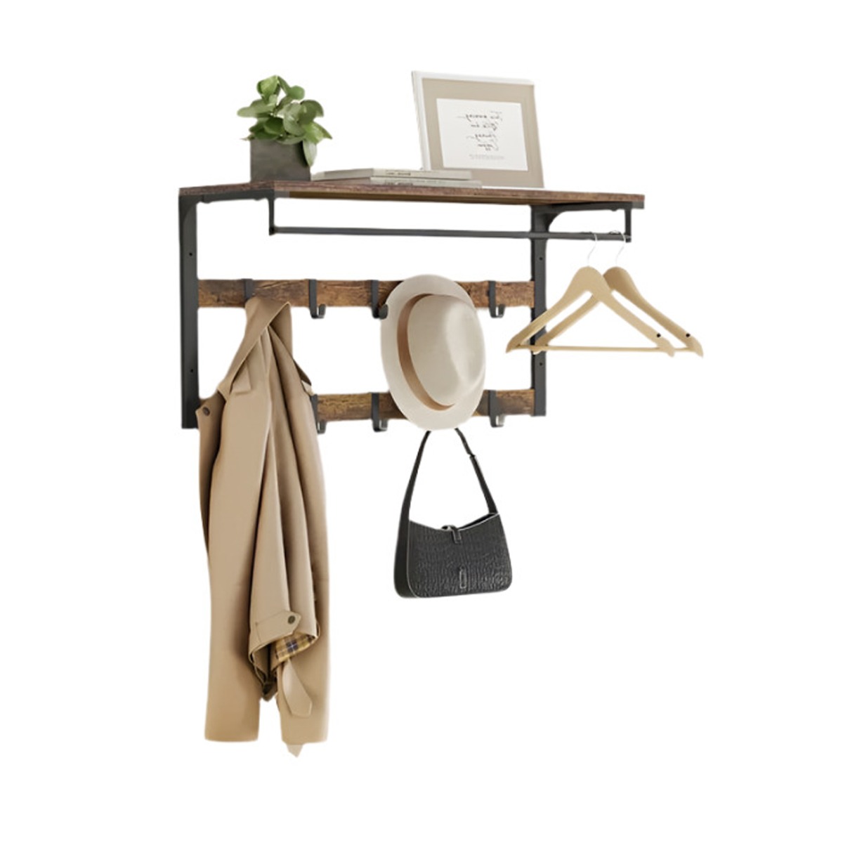 ZEPHRON Coat Rack Rustic Wall-Mounted Rack with 10 Removable Hooks - Brown - The Urban Forge