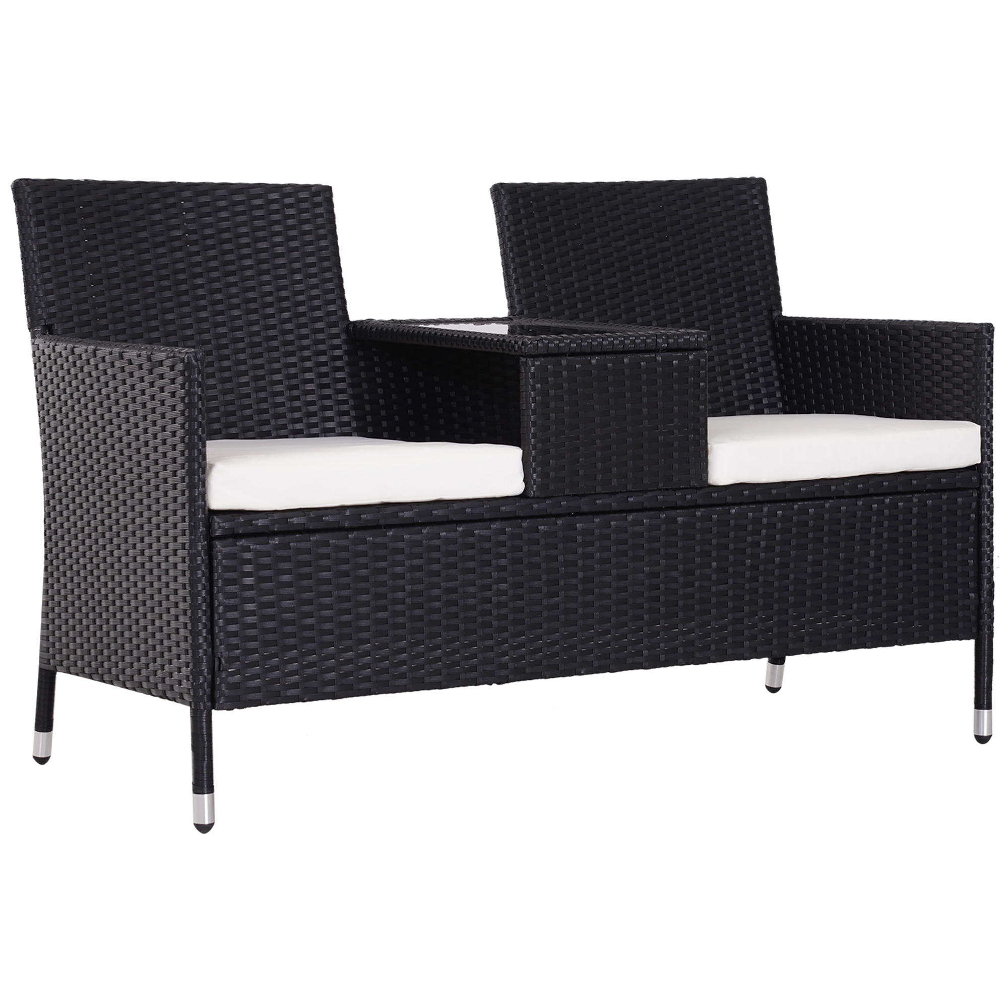 Garden Rattan 2 Seater Companion Seat Wicker Love Seat Weave Partner Bench w/ Cushions Patio Outdoor Furniture (Black) - Life Essentials