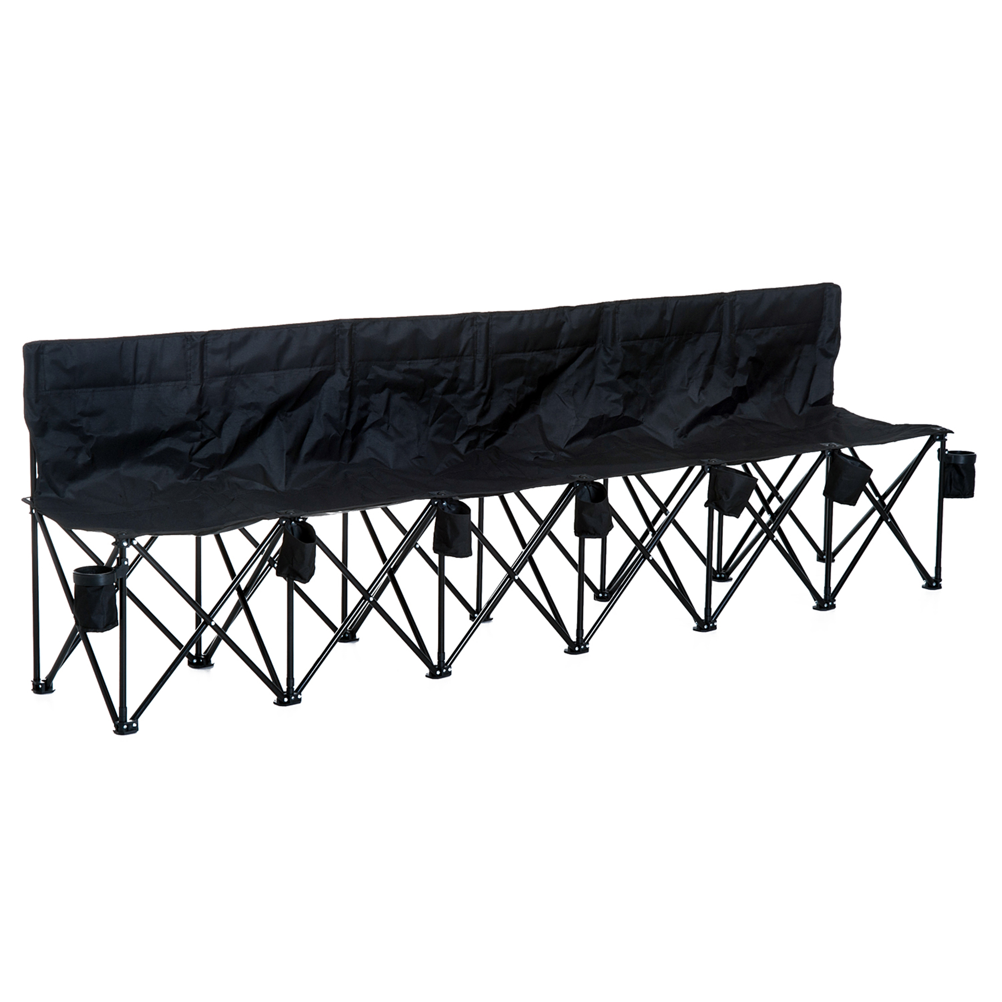 6 Seater Folding Sports Bench Outdoor Picnic Camping Portable Spectator Chair Steel Frame w/Cup Holder & Carry Bag - Black - Life Essentials