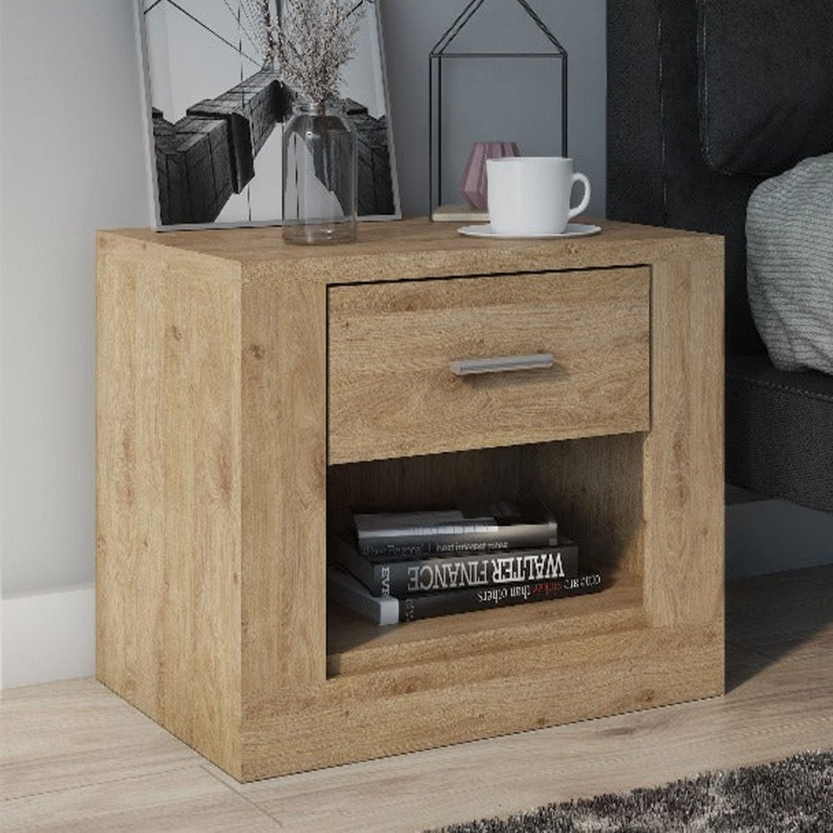 Bedside Table - BRAVO-07 1 Drawer Nightstand Oak Shetland 50cm - Art Nest