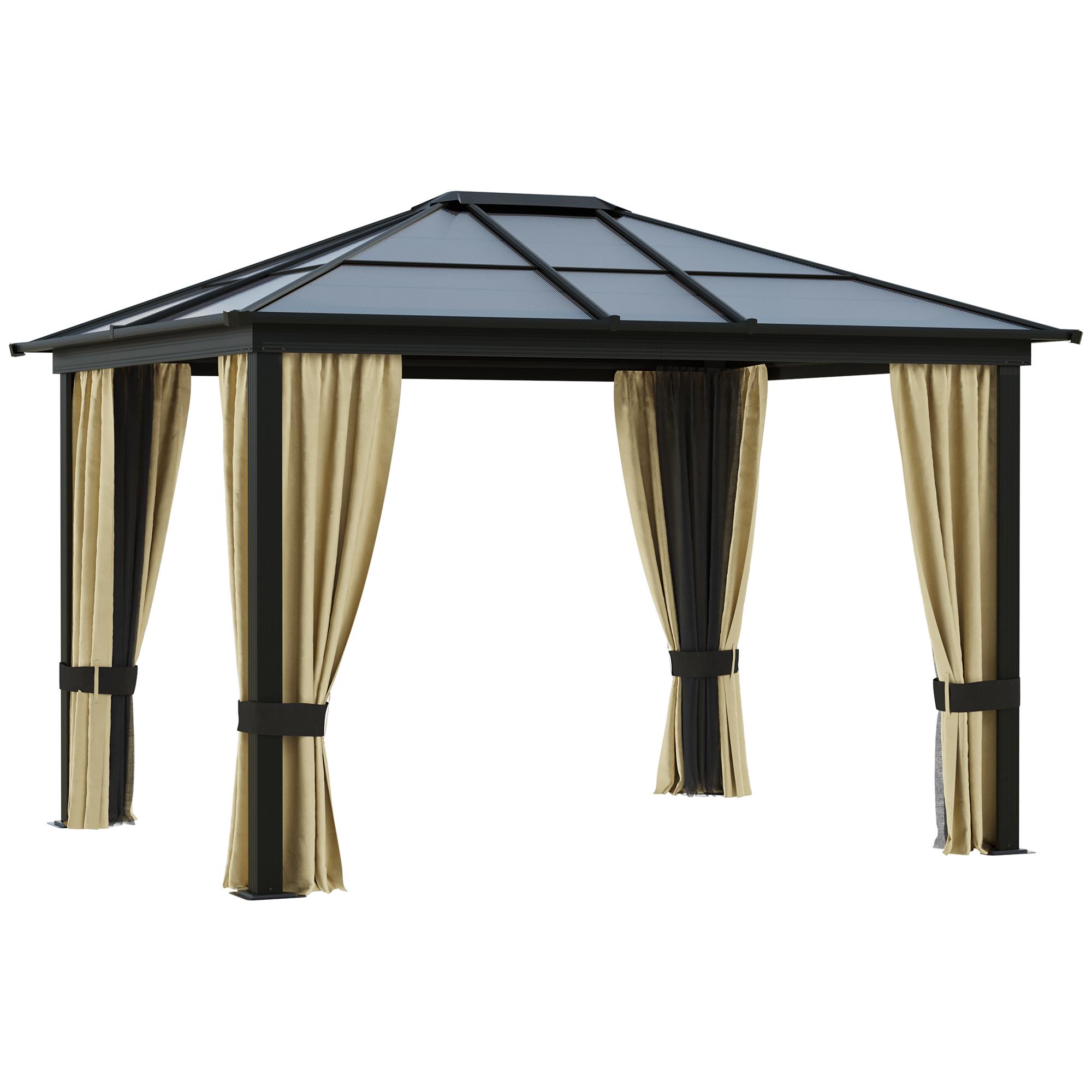 3.6 x 3M Hardtop Gazebo Canopy with Polycarbonate Roof and Aluminium Frame, Garden Pavilion with Mosquito Netting and Curtains, Brown - Life 