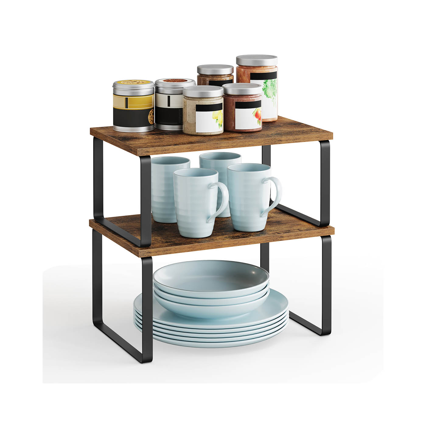 Cupboard Shelf Organiser - GRADA Set of 2 Rustic Brown and Black - Black and Rustic Brown - Indigo Home