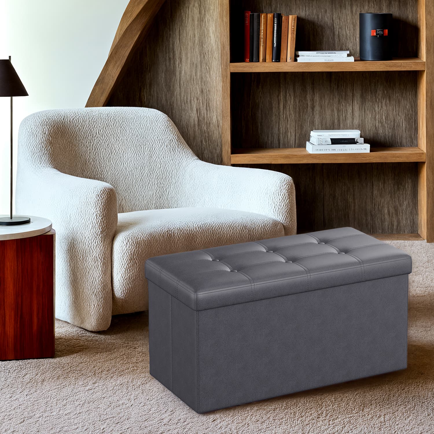 Storage Ottoman Bench - VIVRAH Foldable Foot Rest with Storage - Slate Grey - Indigo Home