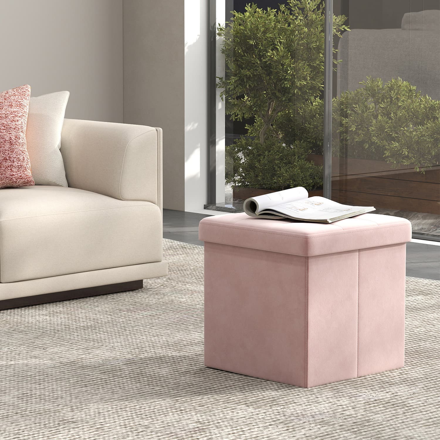Ottoman Foot Rest - VIVRAH Foldable Small Foot Stool 38 cm - Pink - Indigo Home