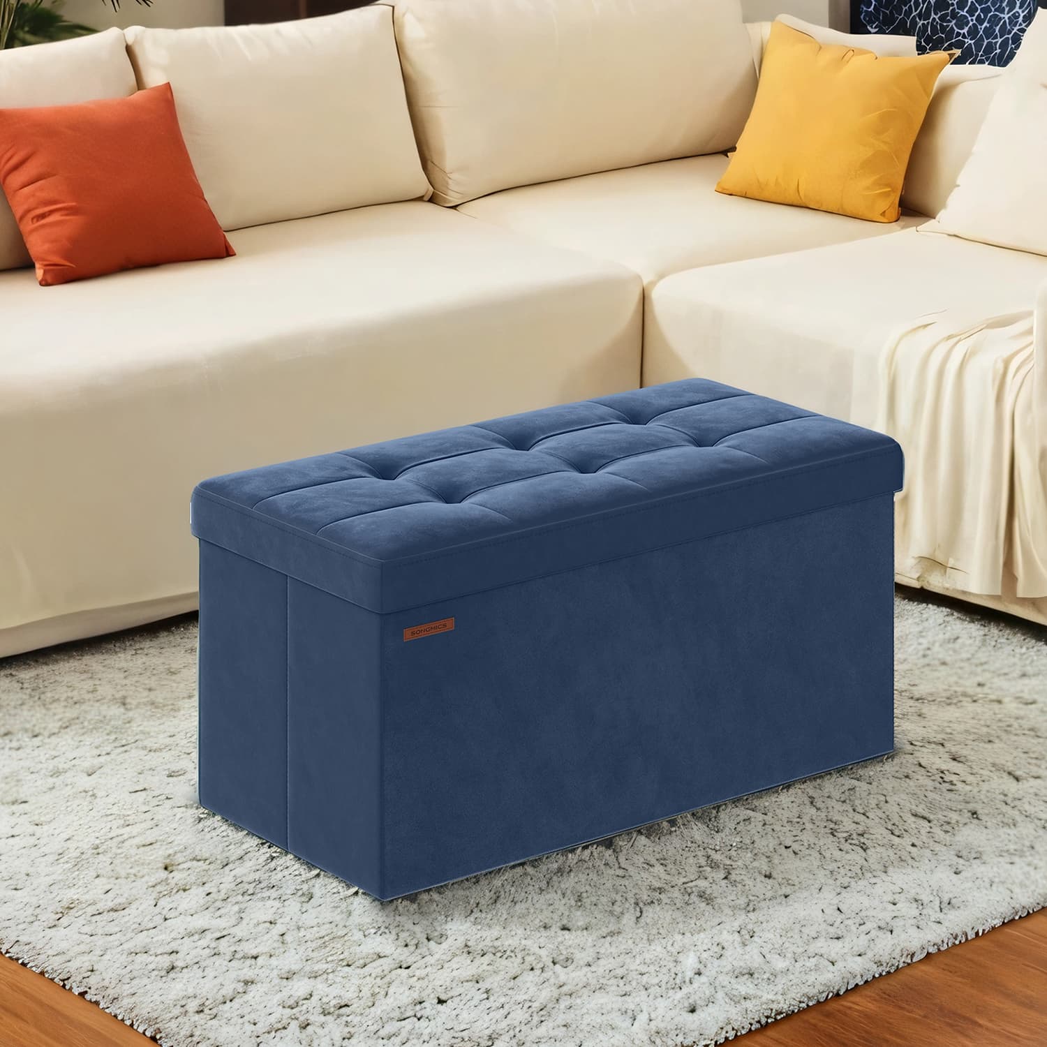 Storage Bench - VIVRAH Foldable Velvet Storage Bench with 2 Extra Storage Boxes - Blue - Indigo Home