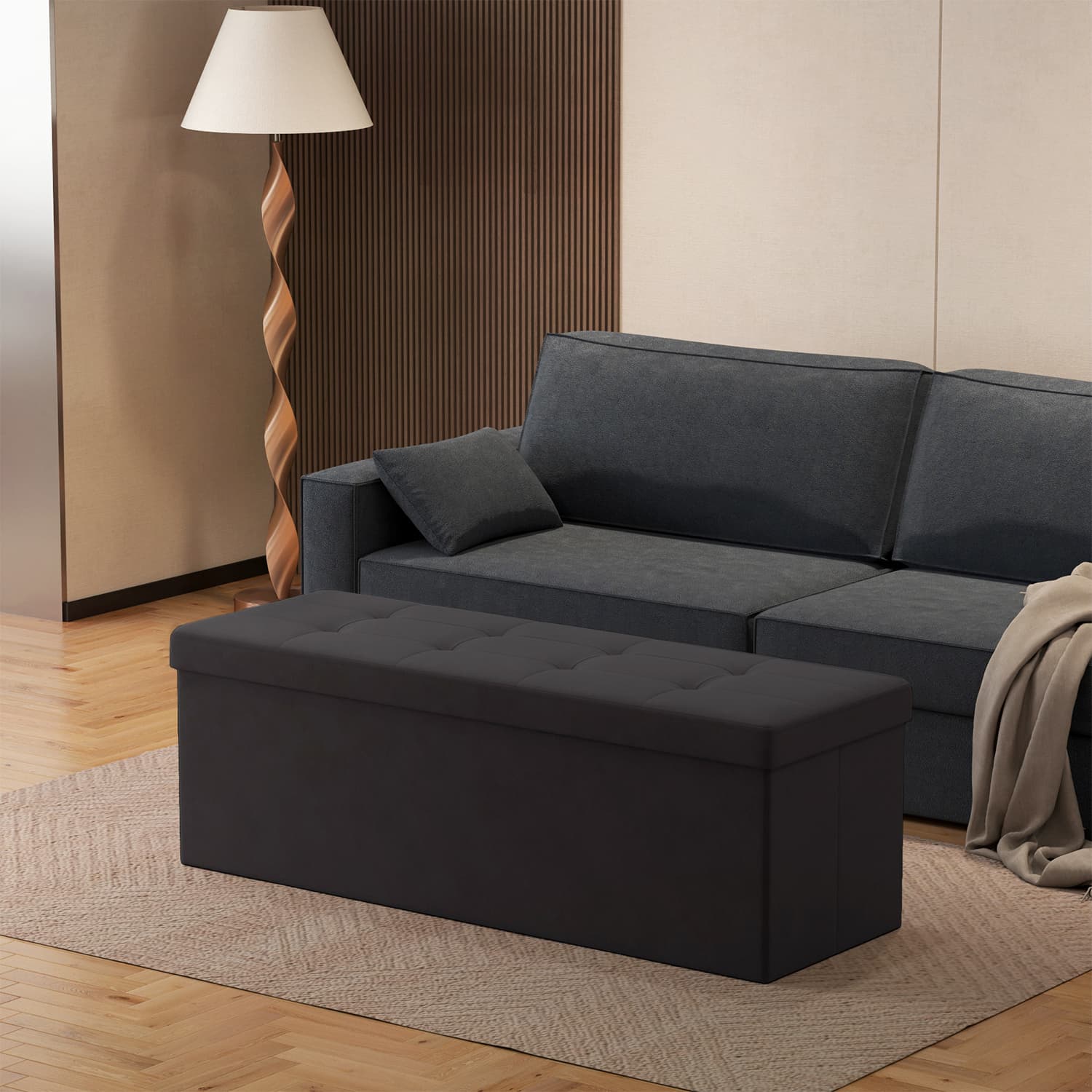 Storage Bench - VIVRAH Foldable Velvet with 2 Storage Boxes - Black - Indigo Home