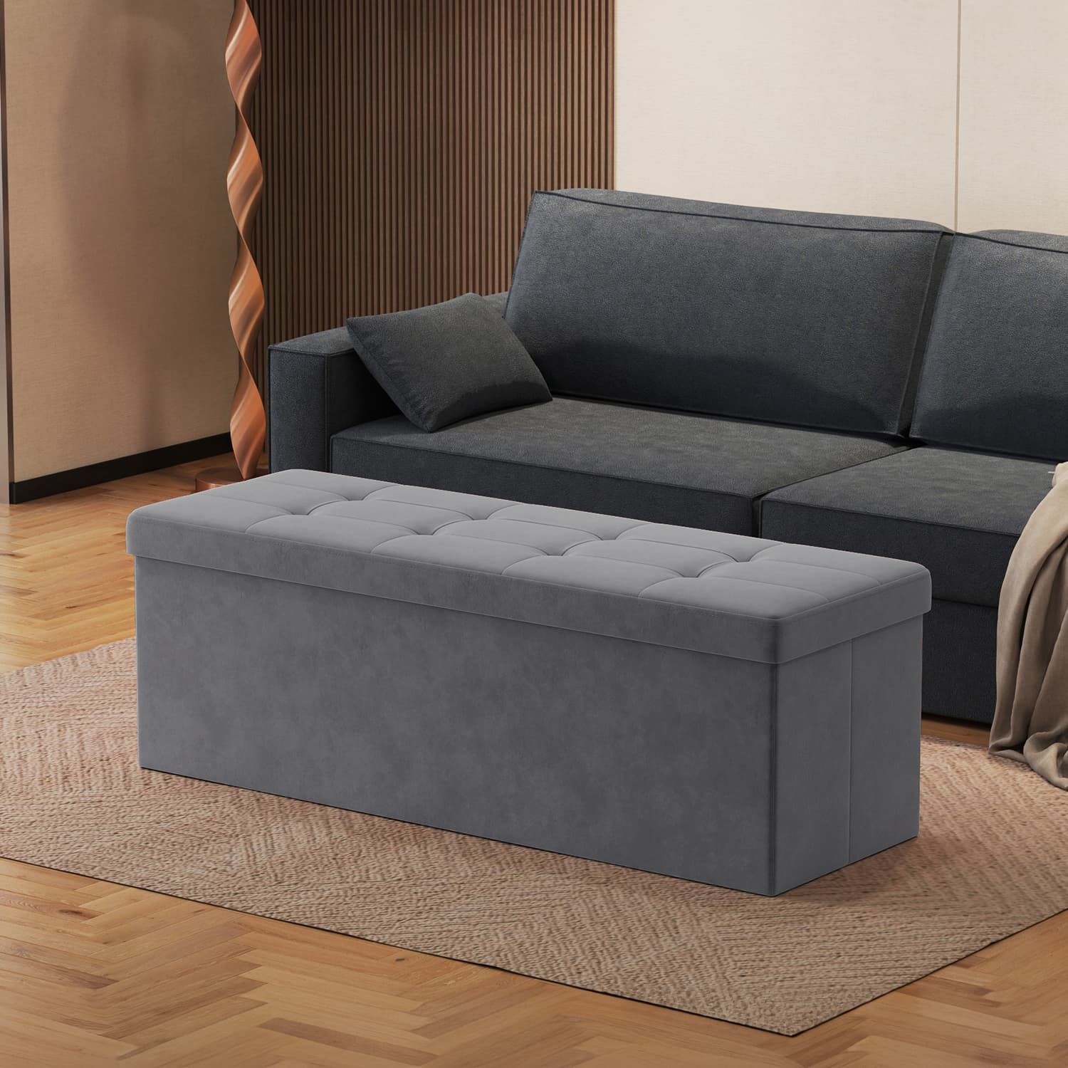 Ottoman Foot Rest - VIVRAH Foldable Storage Ottoman 38 x 110 x 38 cm - Grey - Indigo Home