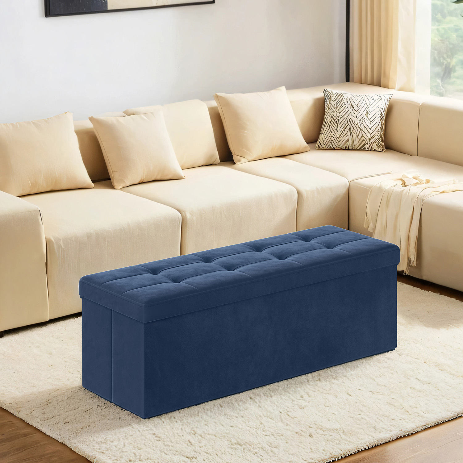 Storage Bench - VIVRAH Foldable Velvet Storage Bench with 2 Storage Boxes - Dark Blue - Indigo Home