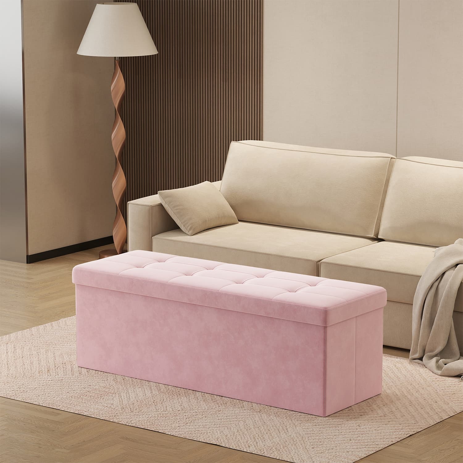 Storage Bench - VIVRAH Foldable Velvet Storage Bench with 2 Storage Boxes - Pink - Indigo Home