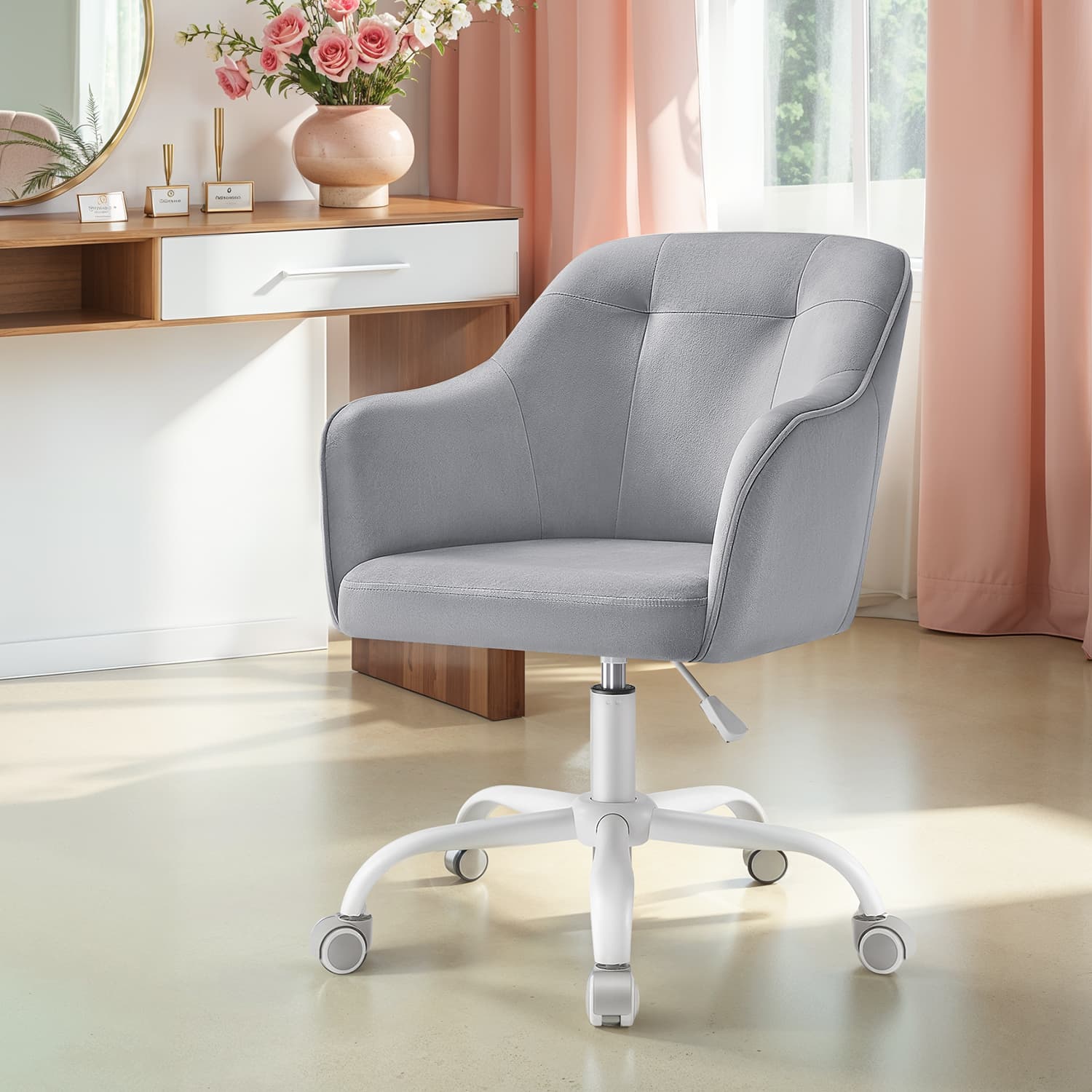Office Chair - ORANIA Accent Study Velvet Fabric Chair - Grey - Indigo Home