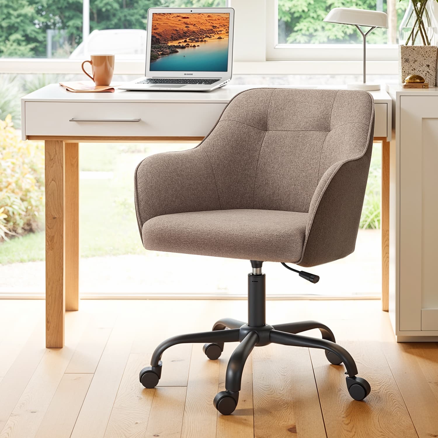 Office Chair - ORANIA Swivel Cotton Linen Office Chair - Coffee Brown - Indigo Home
