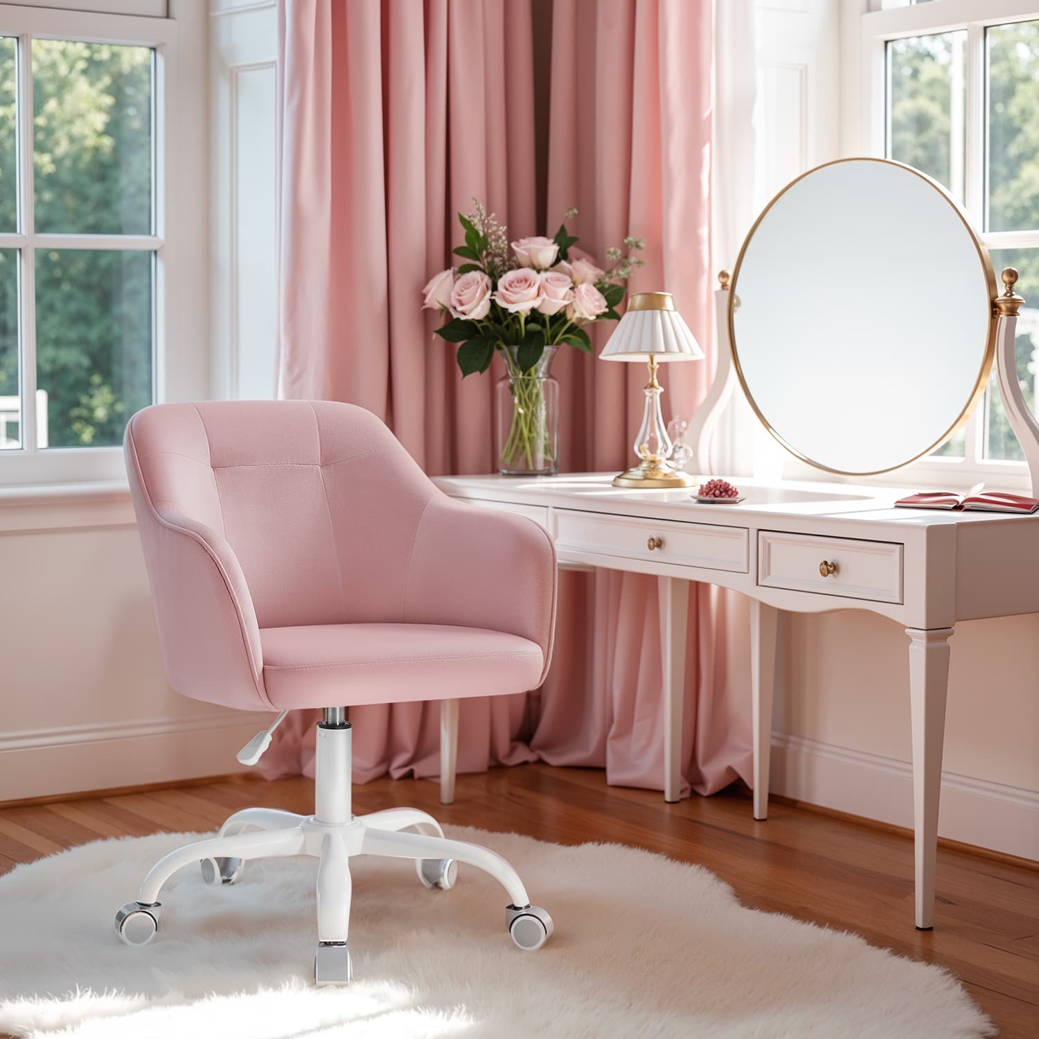 Office Chair - ORANIA Swivel Velvet Office Chair - Pastel Pink - Indigo Home